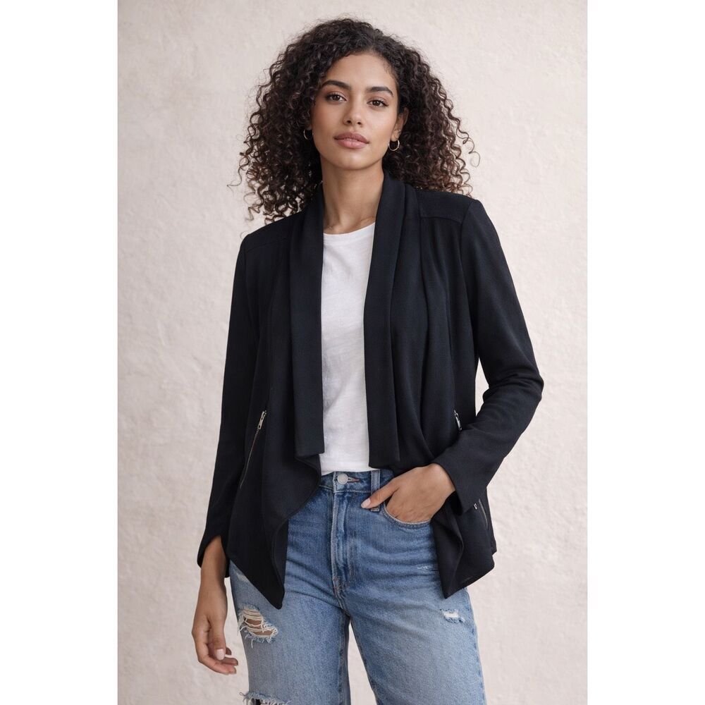 Olivia Grey Black Cropped Open Front Jacket Draped Zip Sleeves Wm’s Size Small